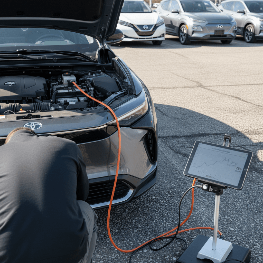 Technician using diagnostic equipment to evaluate the battery health and resale value of a used Toyota bZ4X in a dealership lot