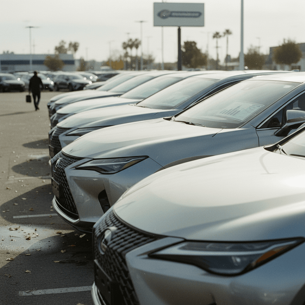 Used Lexus RZ electric SUVs lined up on a dealer lot, showcasing resale value trends in the growing EV market