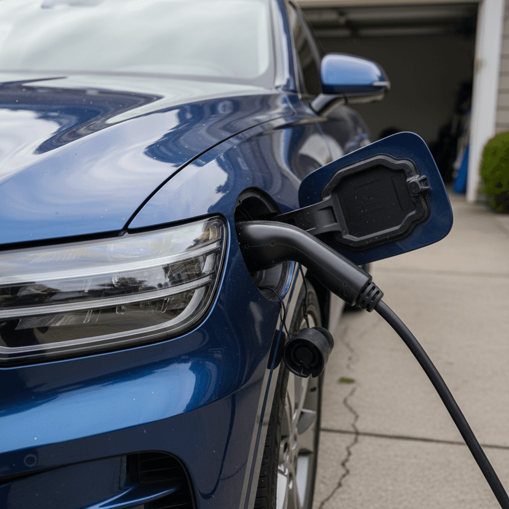Genesis Electrified GV70 charging at a home Level 2 charger in a modern driveway
