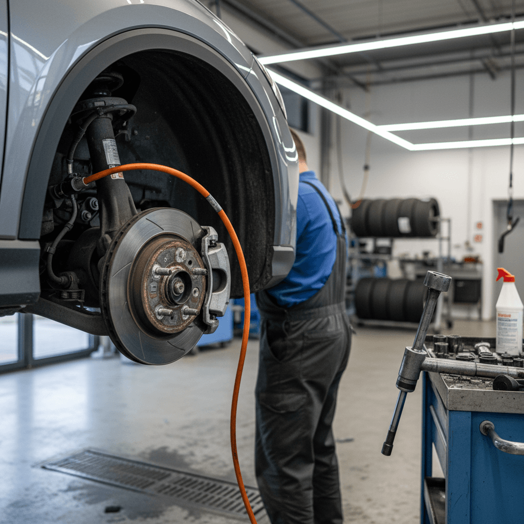 Technician inspecting the brakes and suspension of an Audi Q4 e-tron on a lift