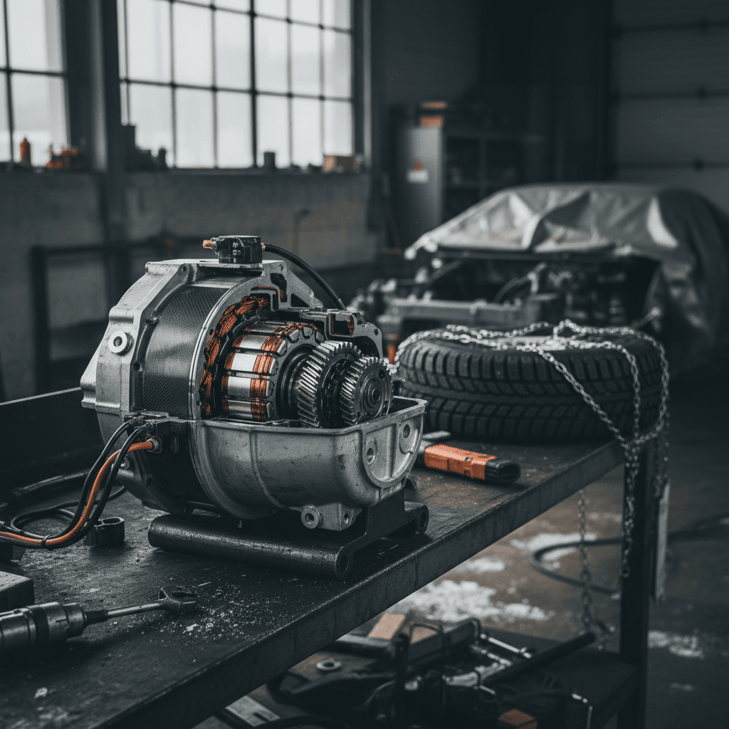 Electric SUV accelerating quickly on a highway at dusk