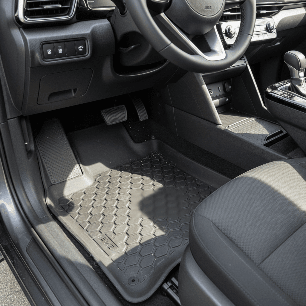 Close-up of an all-weather floor mat in a Kia EV6 driver footwell with raised edges and channels