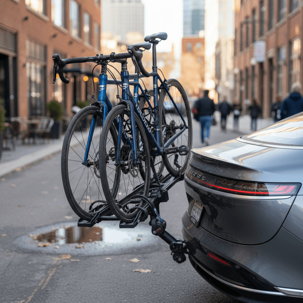 Hitch-mounted platform bike rack carrying two road bikes on an electric sedan in an urban setting