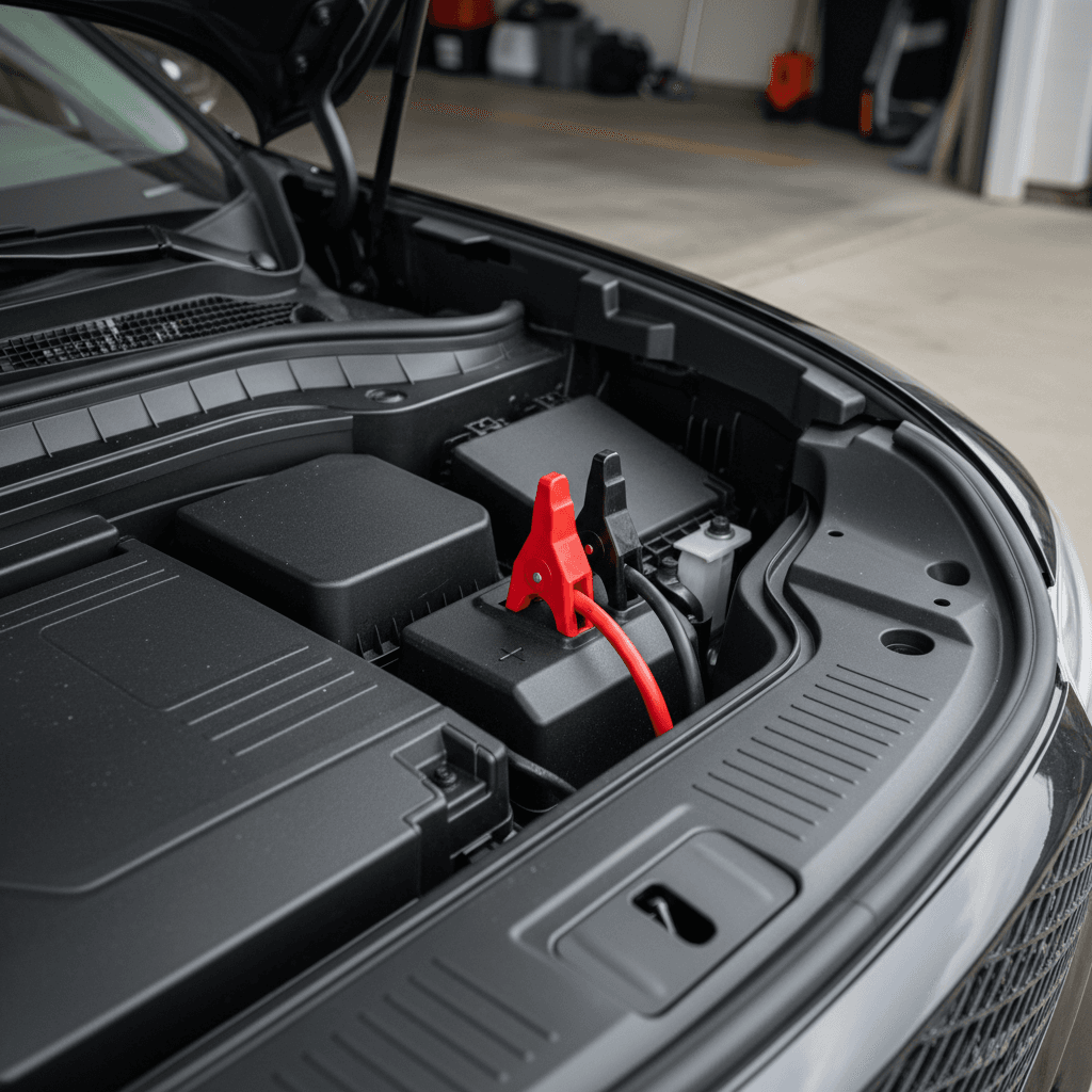 Genesis GV60 front trunk opened with plastic cover removed showing the 12V auxiliary battery and terminals