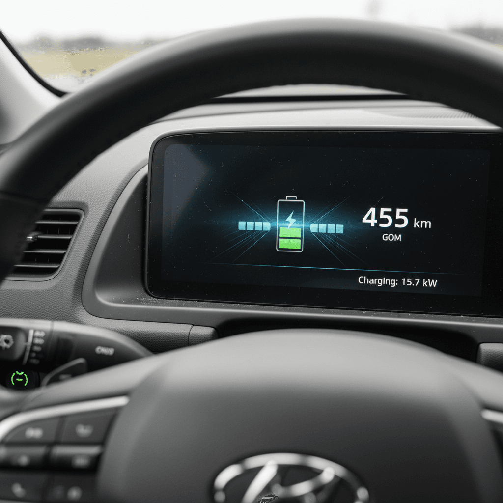 Hyundai Ioniq 6 digital display showing remaining range and battery state of charge while plugged into a charger