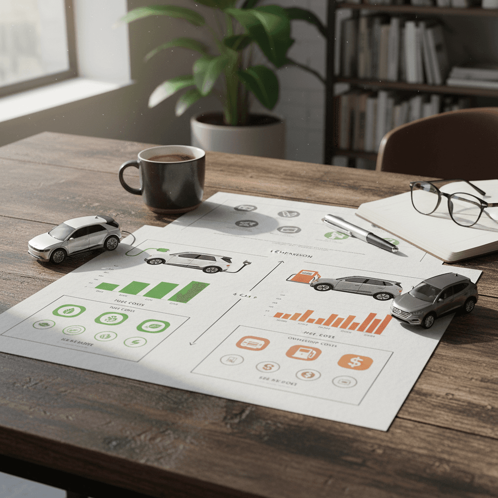 Side-by-side comparison graphic of Hyundai Ioniq 5 and Hyundai Tucson showing estimated fuel and maintenance costs over five years