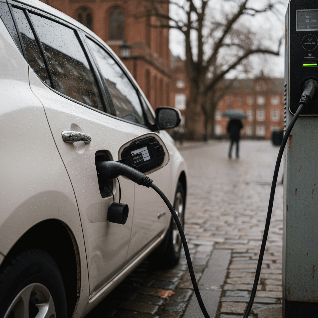 Used Nissan Leaf parked on a city street, a common affordable EV under $15,000