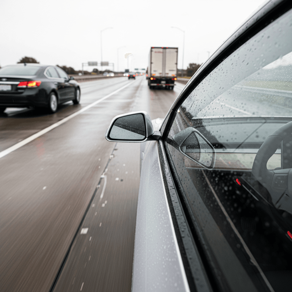Close-up of a Ford Mustang Mach-E side mirror and front window where many owners report wind noise at highway speeds