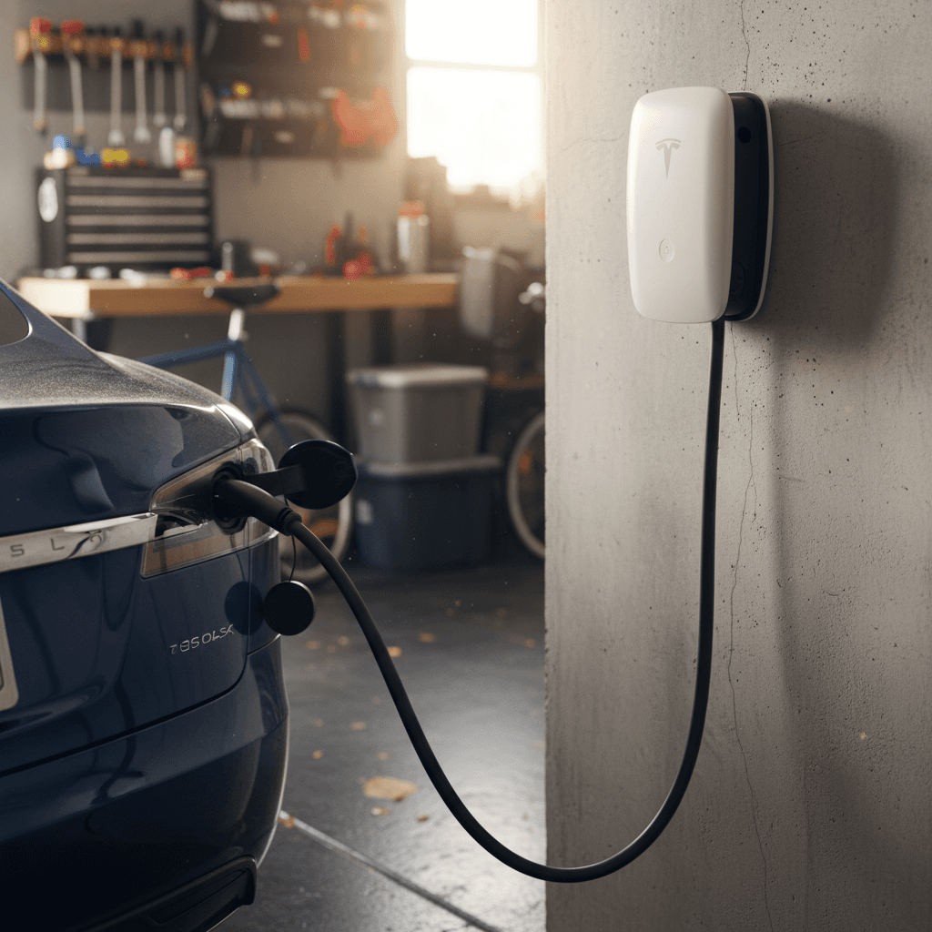 Wall-mounted home Level 2 EV charger with cable plugged into an electric car in a residential garage