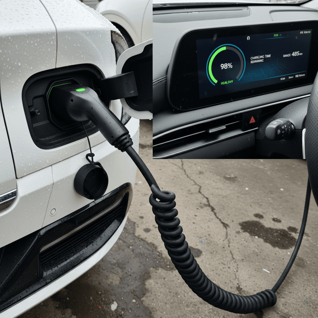 Kia EV6 charging port and instrument cluster showing range and battery status