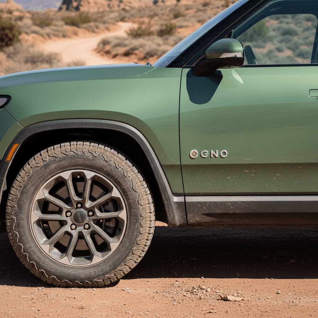 Used Rivian R1T parked outside with doors open, showing bed, gear tunnel, and cabin for inspection