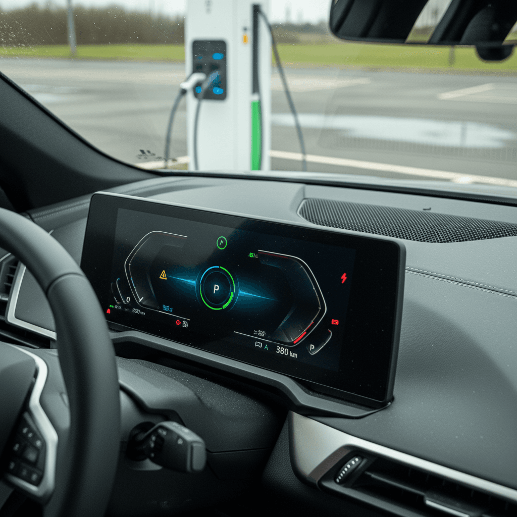 Interior cockpit view of a 2023 BMW iX with digital gauges illuminated and center screen showing EV energy data