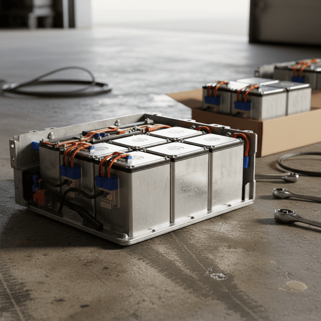 Electric vehicle battery pack mounted under the floor of a car on a lift