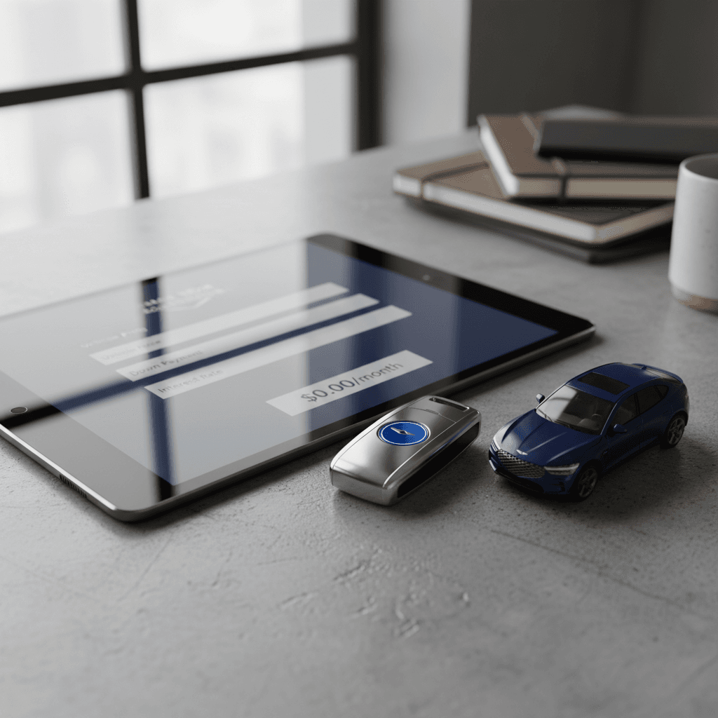 Auto loan calculator on a tablet showing monthly payment estimate next to Genesis GV60 key fob