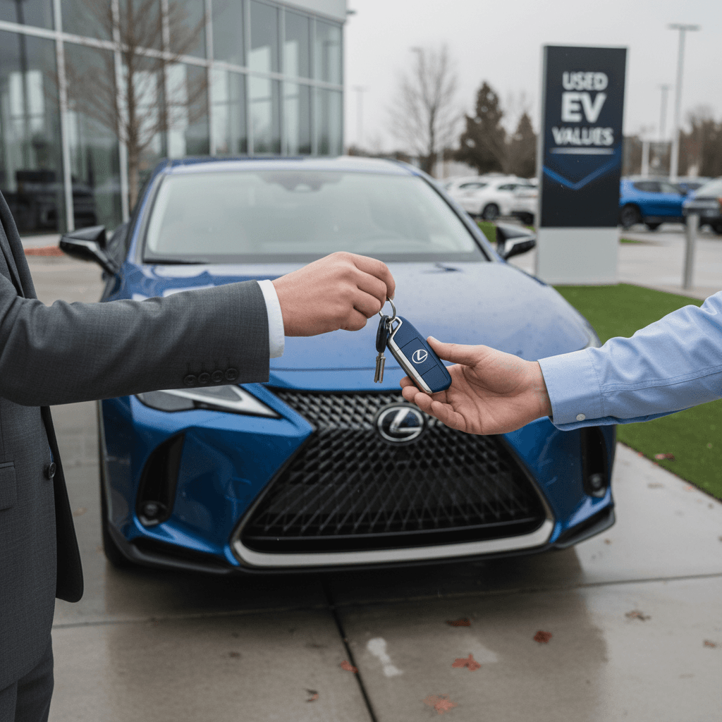 Owner handing keys of a Lexus RZ 450e to a buyer outside a modern EV-focused dealership