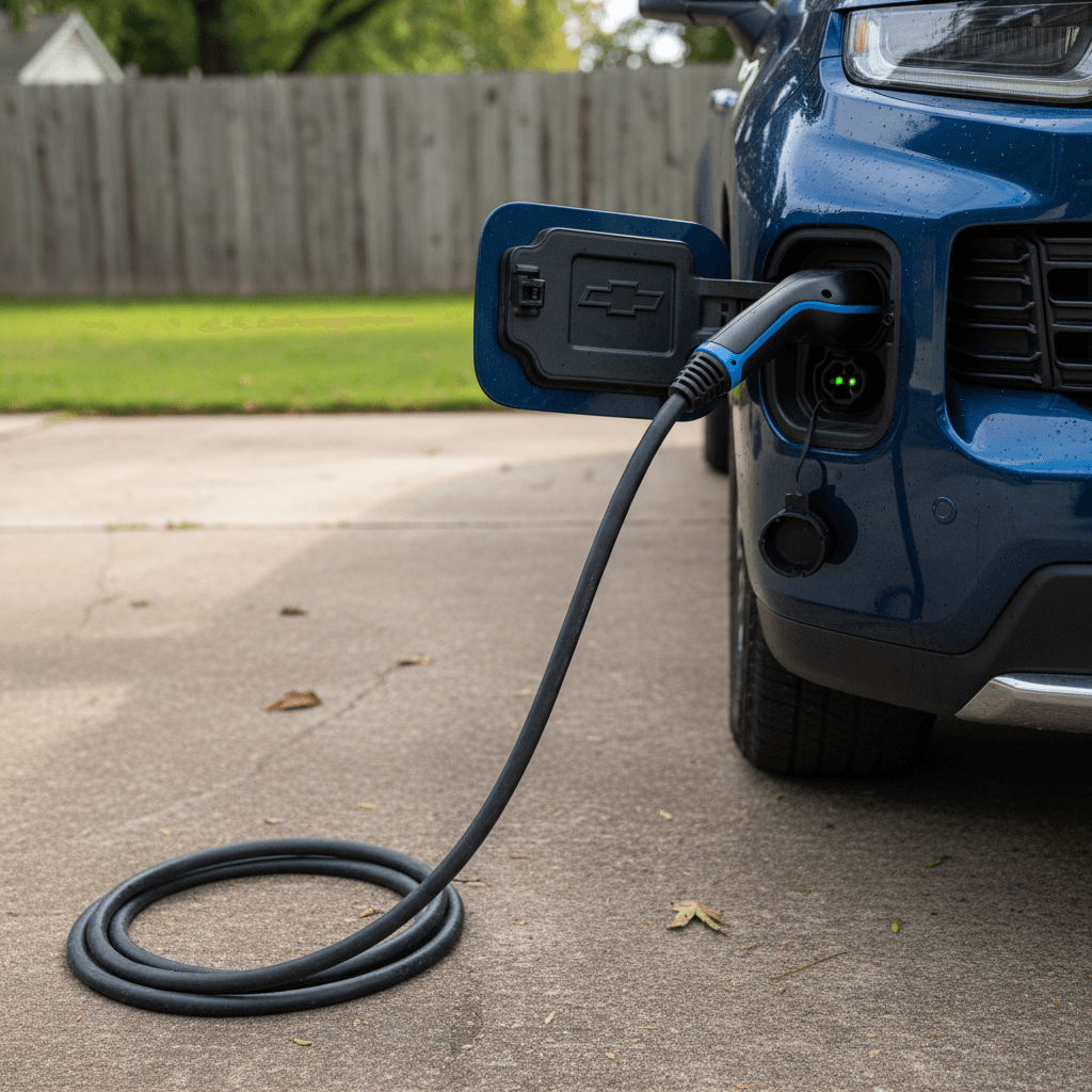 Chevrolet Silverado EV plugged into a home charger in a driveway