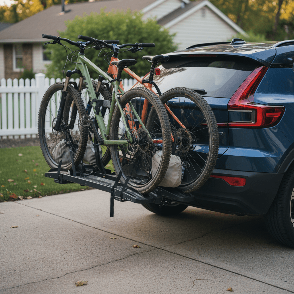 Towbar-mounted bike rack carrying two bicycles on a compact electric SUV in a driveway