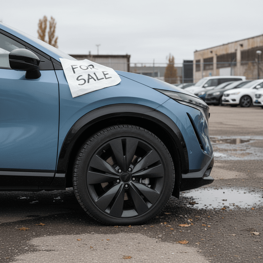 Used Nissan Ariya parked on a dealership lot with a for sale sign in the windshield
