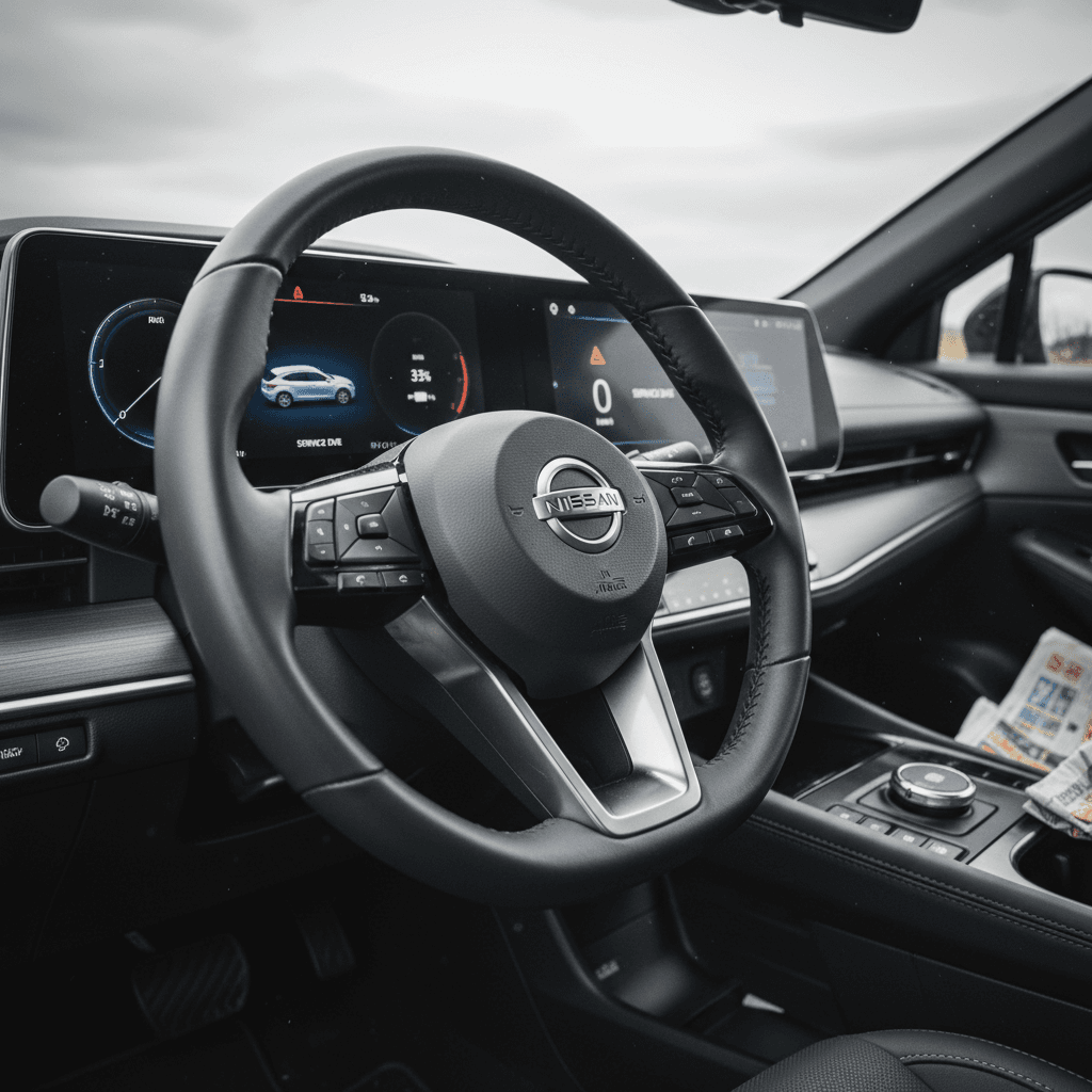 Interior of a 2023 Nissan Ariya showing steering wheel, digital gauges, and large center touchscreen