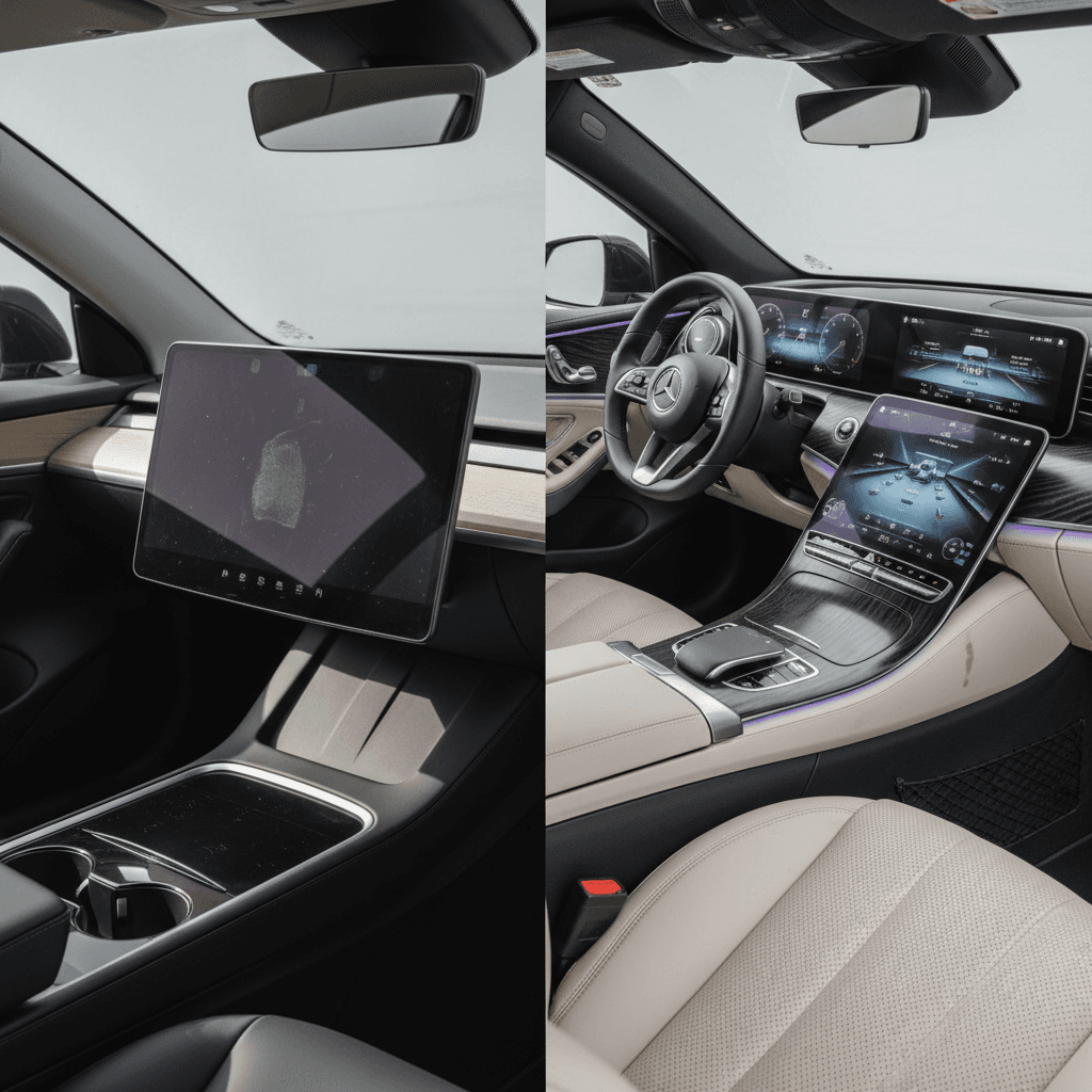 Side by side interiors of Tesla Model 3 and Mercedes EQE showing minimalist vs luxury design