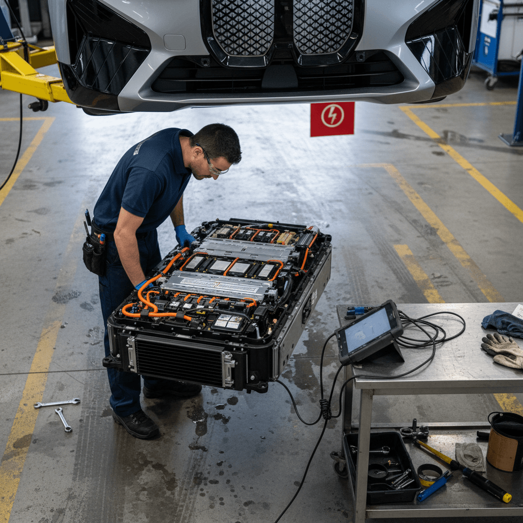 Technician removing the underbody panel of a BMW iX to inspect the high-voltage battery pack during recall service