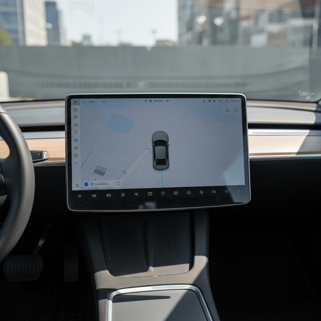 Minimalist interior of a 2020 Tesla Model 3 with large central touchscreen and light upholstery