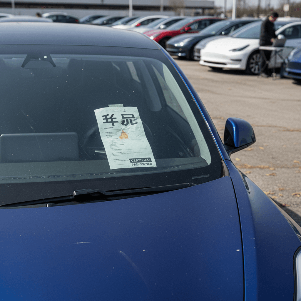 Used Tesla Model 3 parked at a dealership, highlighting that the lowest advertised price only tells part of the story