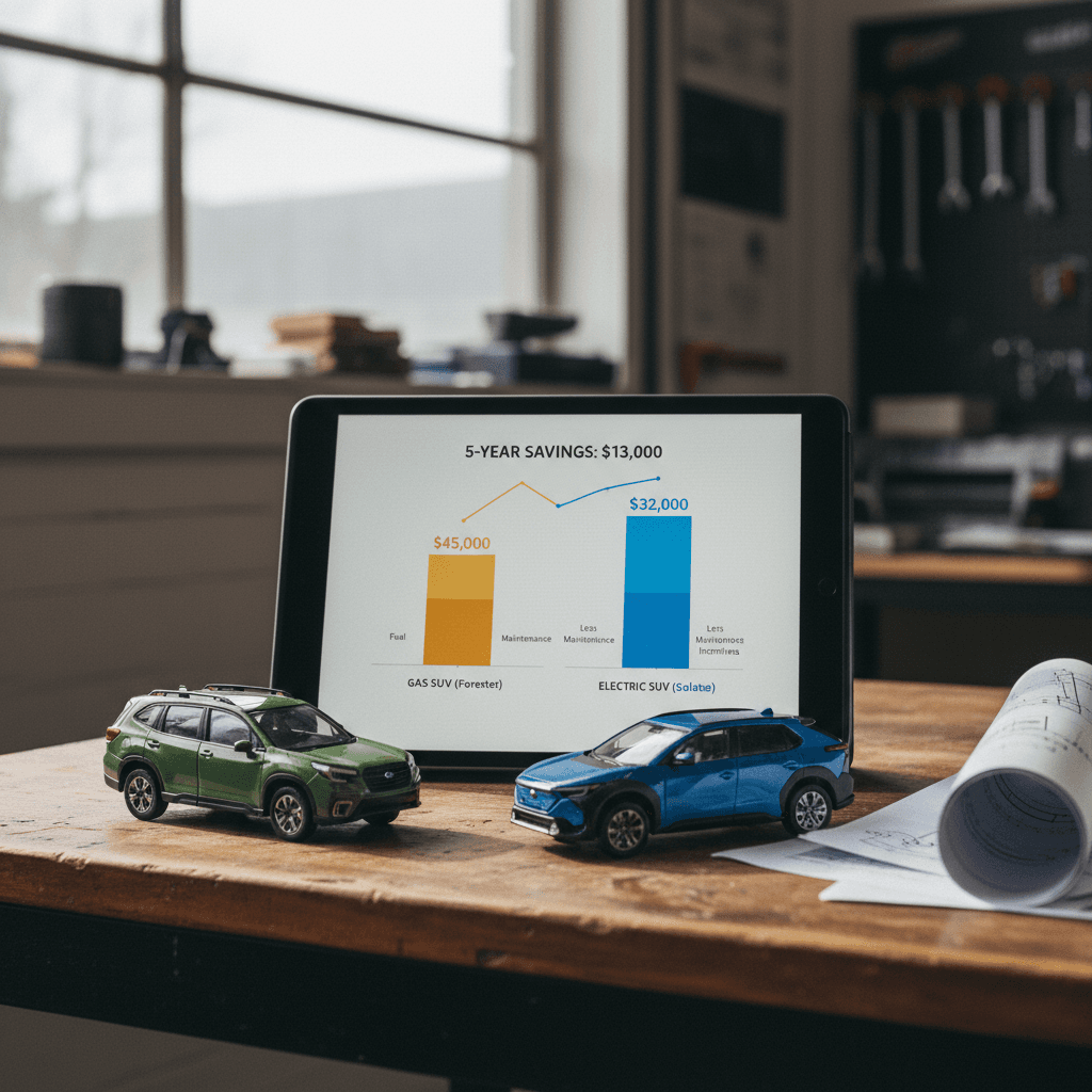 Side-by-side bar chart comparing five-year fuel and maintenance costs for Subaru Forester versus Subaru Solterra