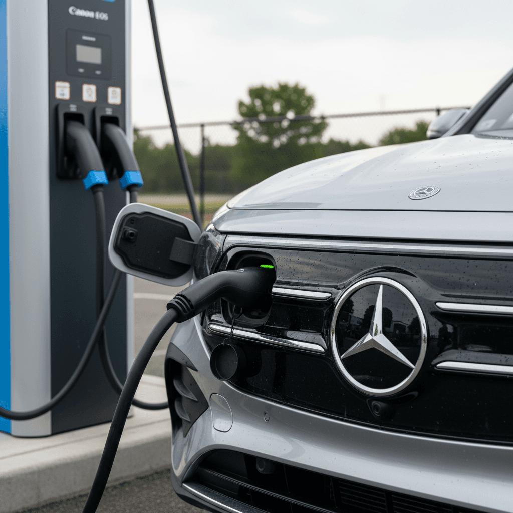 2024 Mercedes EQB plugged into a public fast charger with charging status on the display