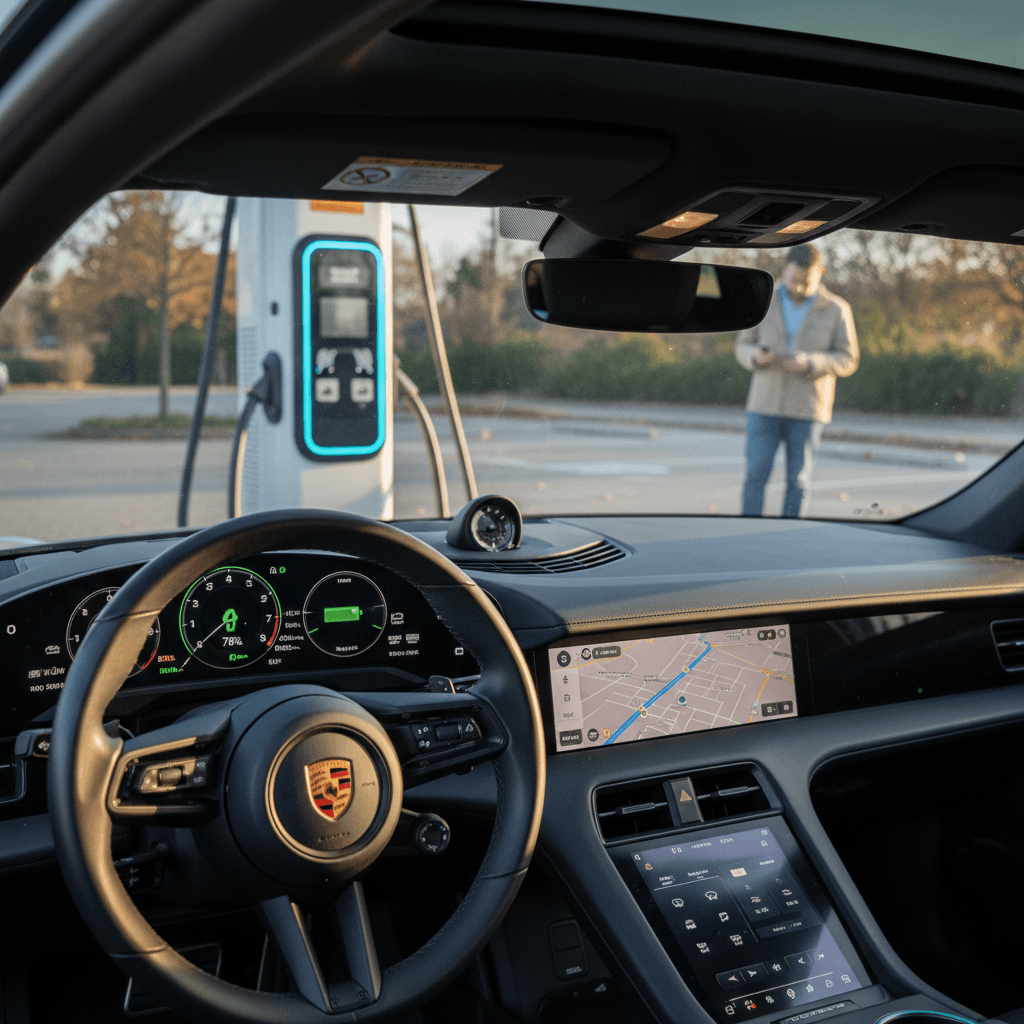 Driver sitting in a 2022 Porsche Taycan interior with digital screens while the car charges at a fast charger