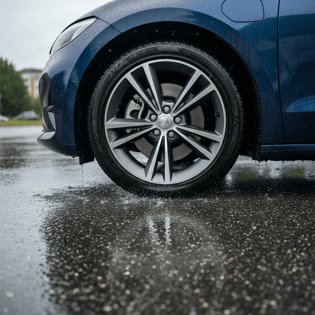 Closeup of an electric car tire tread optimized for low rolling resistance