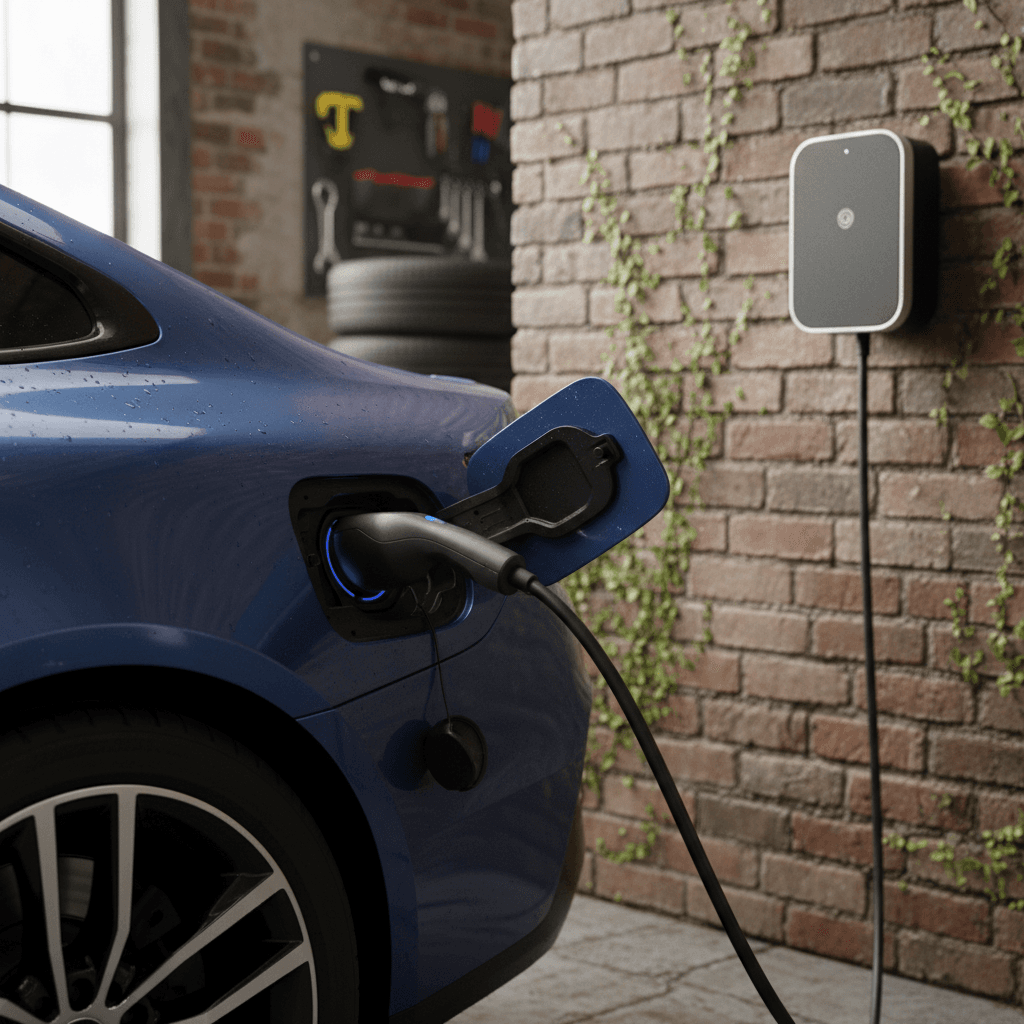 2023 BMW i4 plugged into a home Level 2 charger with status lights glowing