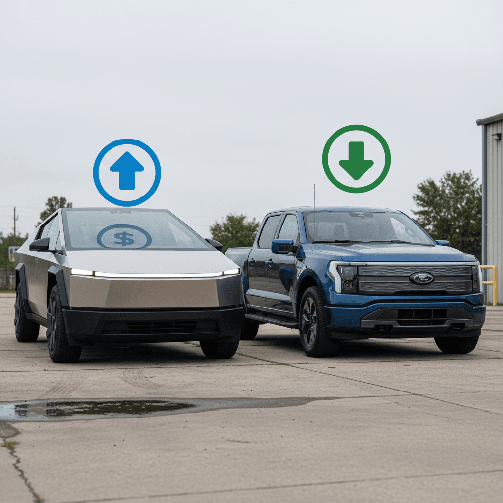 Tesla Cybertruck parked beside a Ford F-150 with icons representing fuel, insurance, and maintenance costs above them