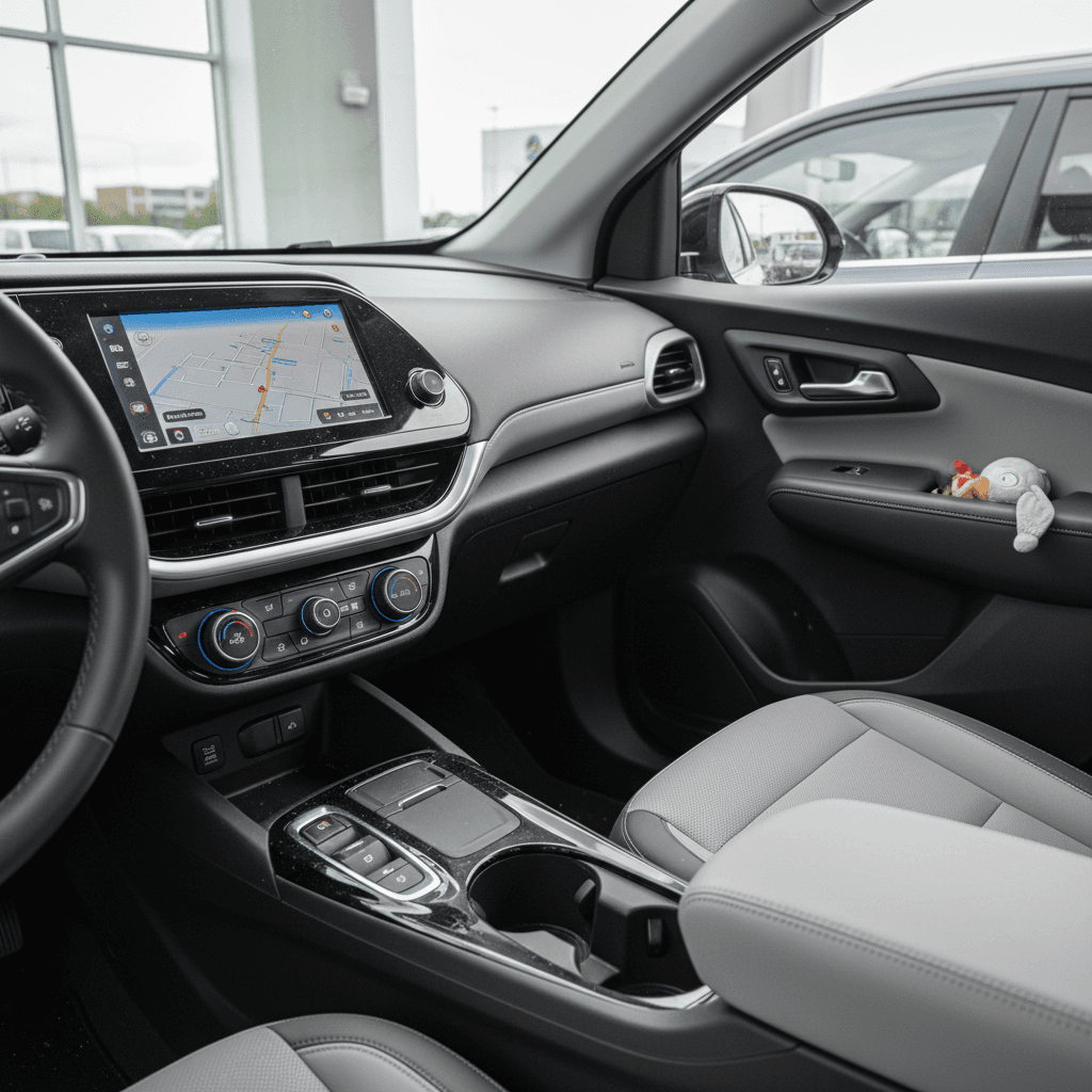 Interior of an electric crossover showing a modern touchscreen, rear seating and cargo area