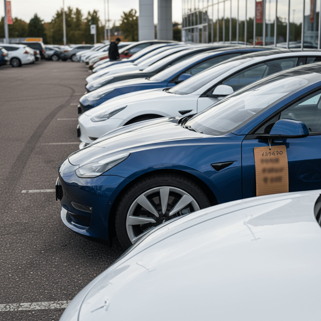 Row of used Tesla Model 3 sedans parked at a dealership lot