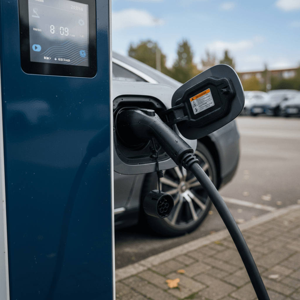 Mercedes EQS plugged into a public DC fast charger showing price per kWh and energy delivered on the screen