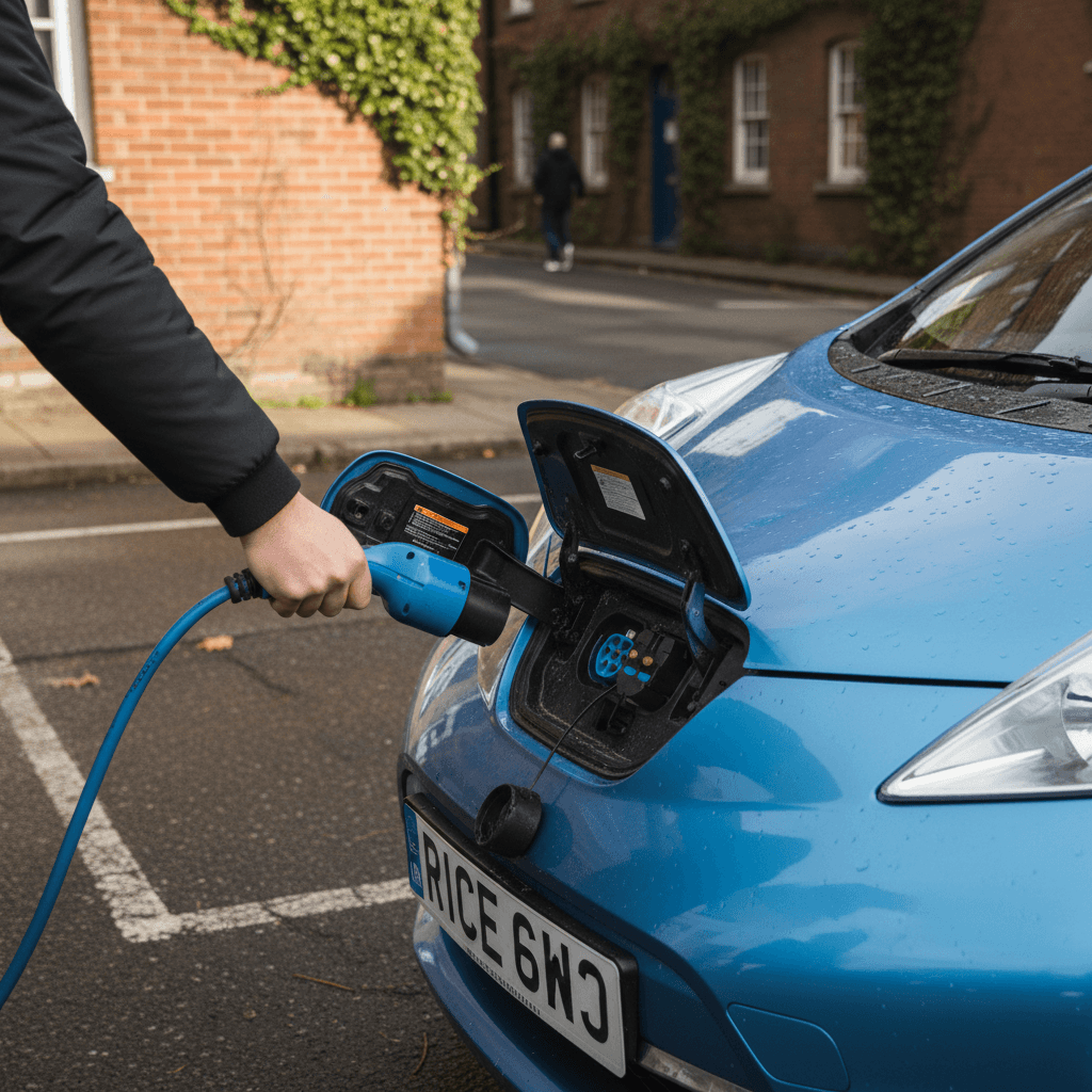 Smiling driver behind the wheel of an affordable used compact car in a city setting