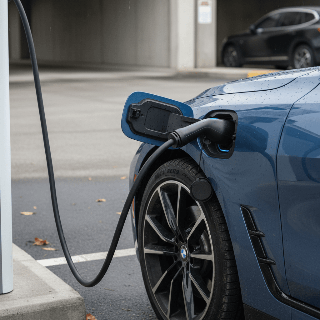 2023 BMW i4 plugged into a public fast charger, highlighting the charge port area and rear wheel