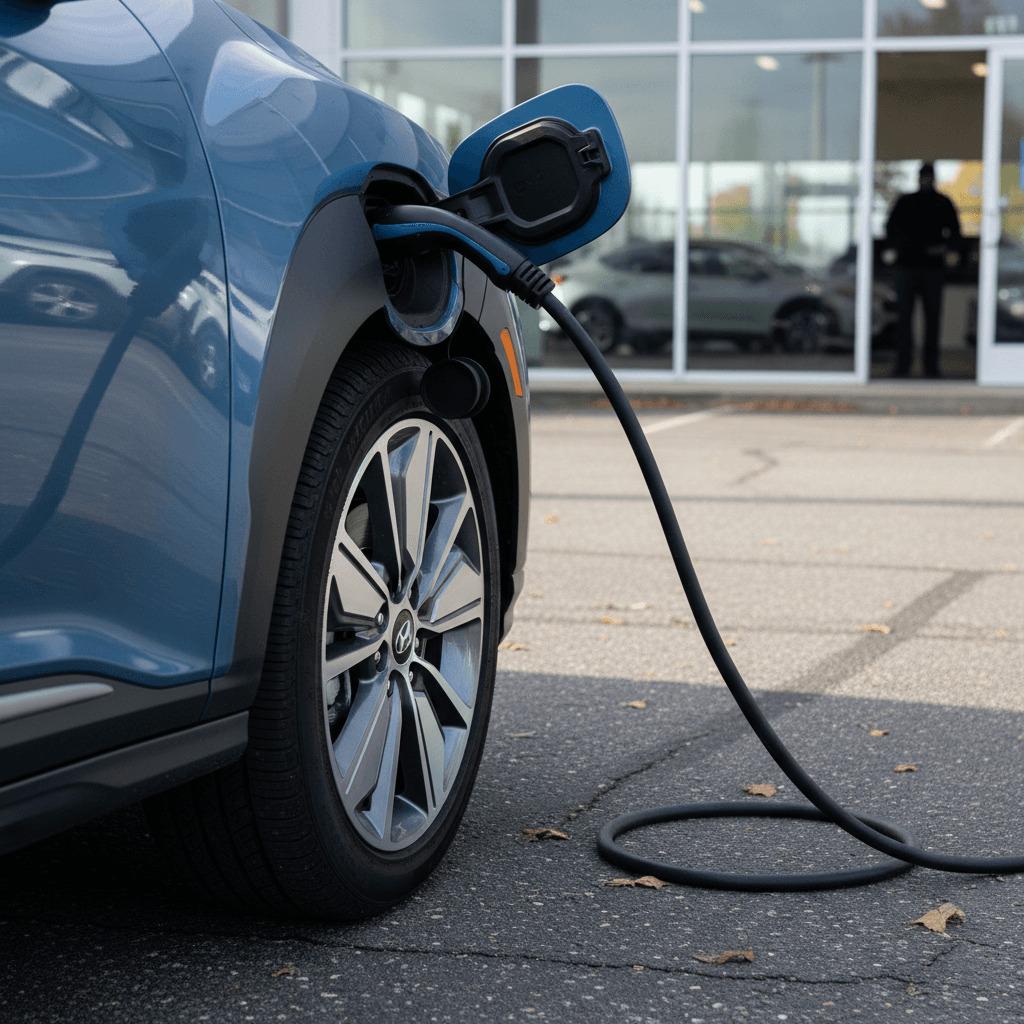 2022 Hyundai Kona Electric plugged into a public charger outside a dealership