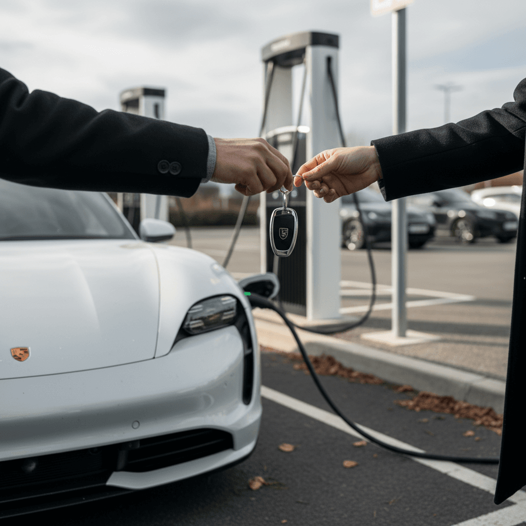 Owner meeting buyer next to a white Porsche Taycan plugged in at a public charger