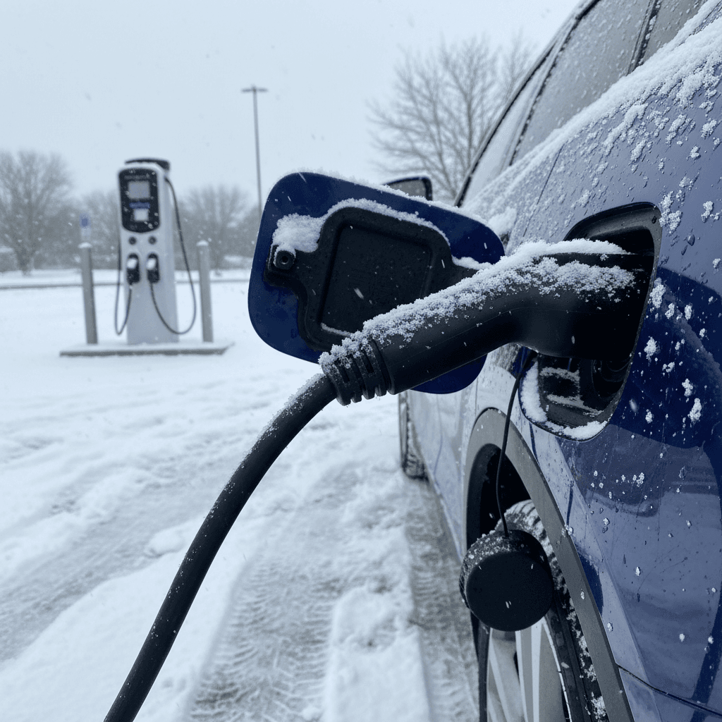 Electric vehicle charging at a public station on a snowy winter day, with frost on the cable and snow on the ground