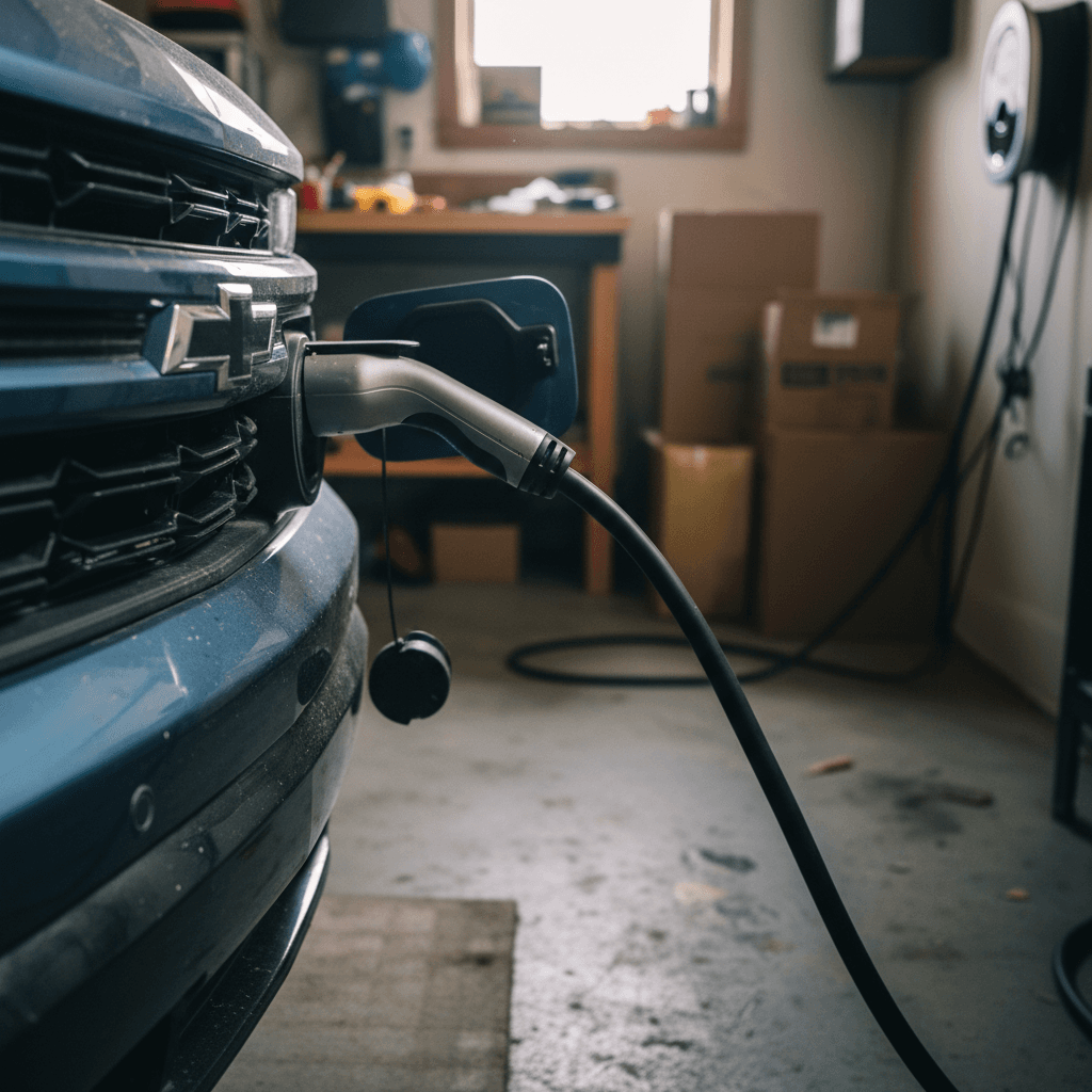 Chevrolet Silverado EV plugged into a home wall charger in a residential garage