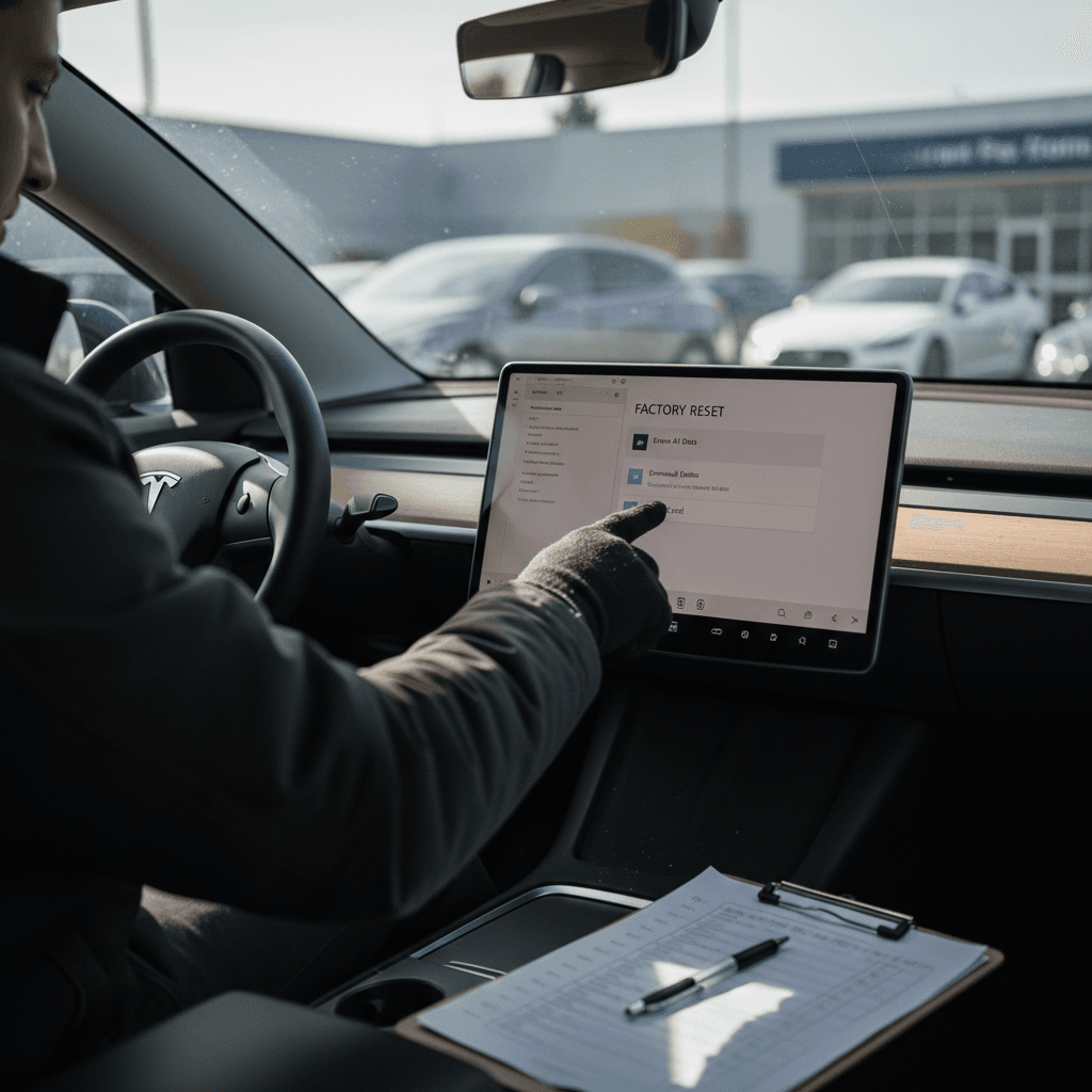 Driver using Tesla Model Y touchscreen to perform a factory reset before selling the car