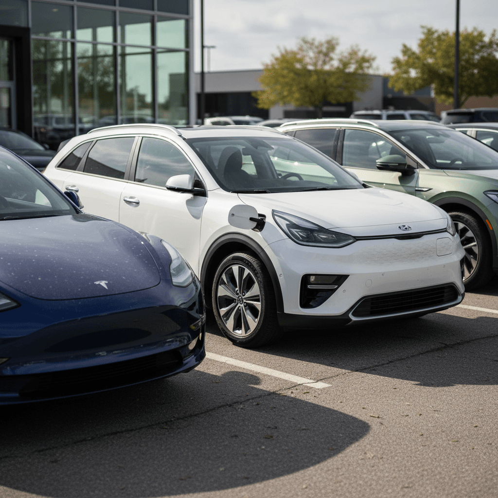 Lineup of popular used EVs including Tesla Model 3, Kia Niro EV, Hyundai Ioniq 5, and VW ID.4 parked in a dealer lot