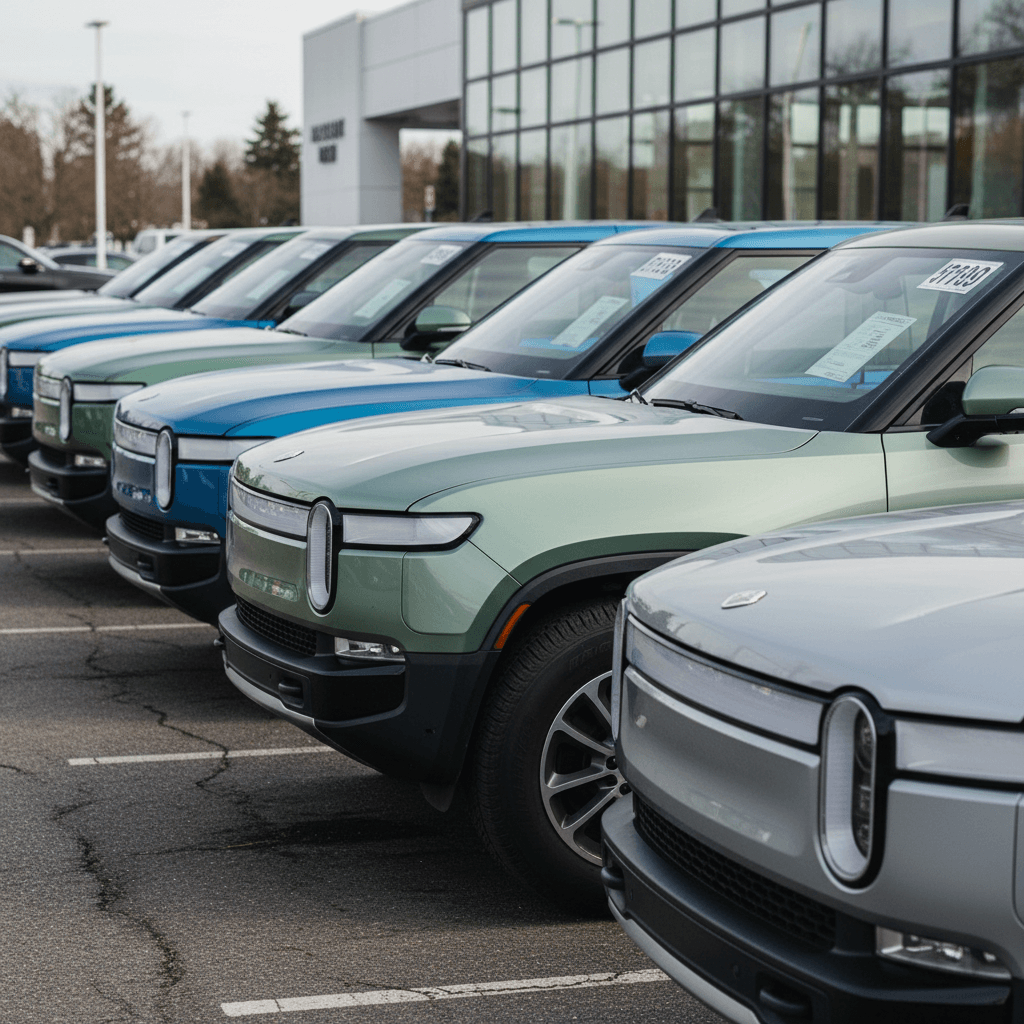 Lineup of used Rivian R1T electric pickup trucks on a dealer lot with price stickers visible
