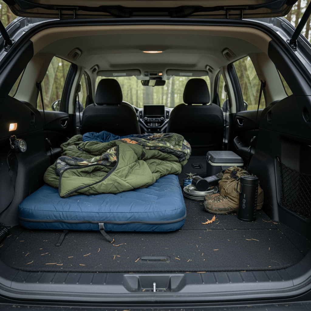 Subaru Solterra cargo area with rear seats folded down, air mattress, bedding and camping gear arranged for an overnight stay