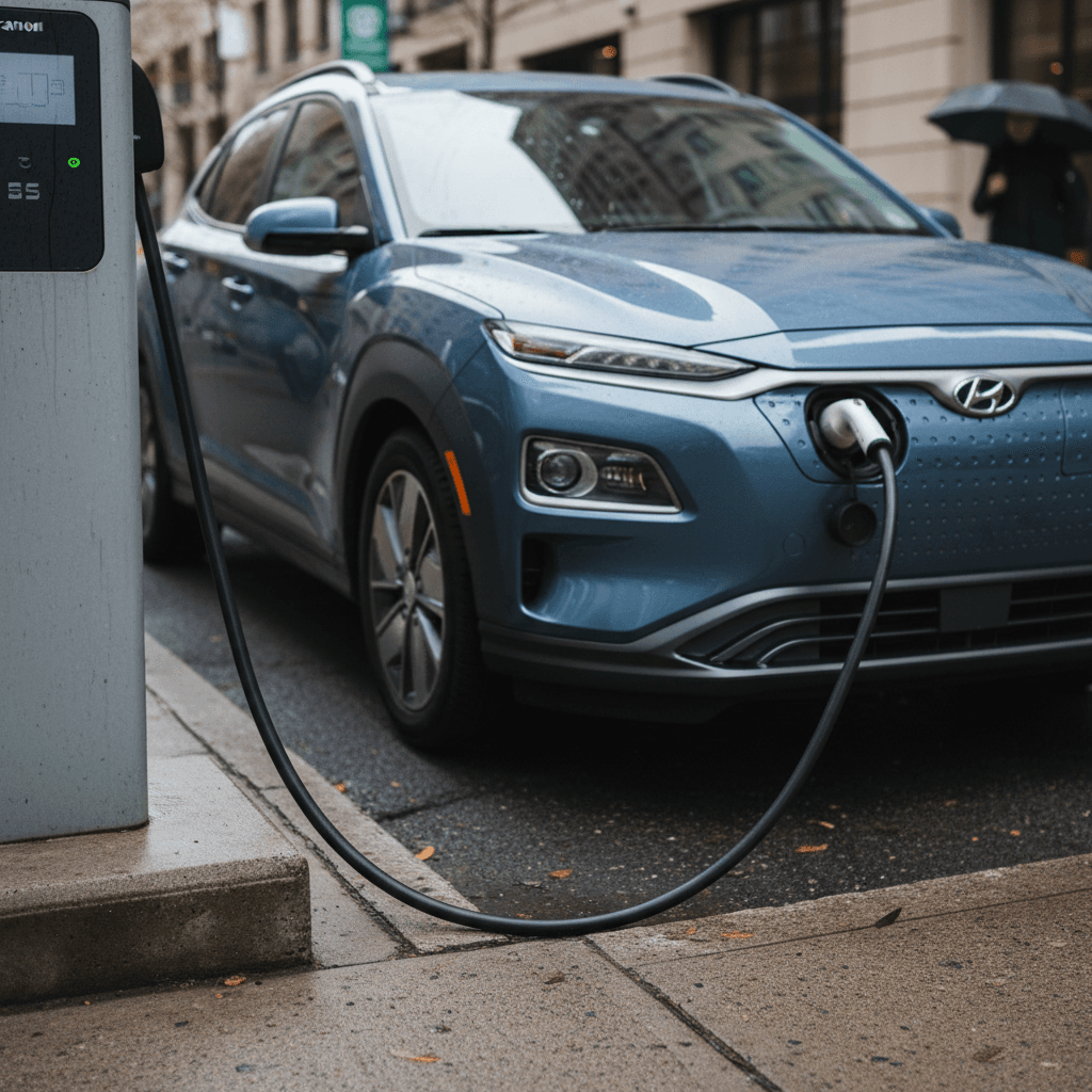 2024 Hyundai Kona Electric plugged into a curbside Level 2 charger, showing front charge port and compact crossover profile