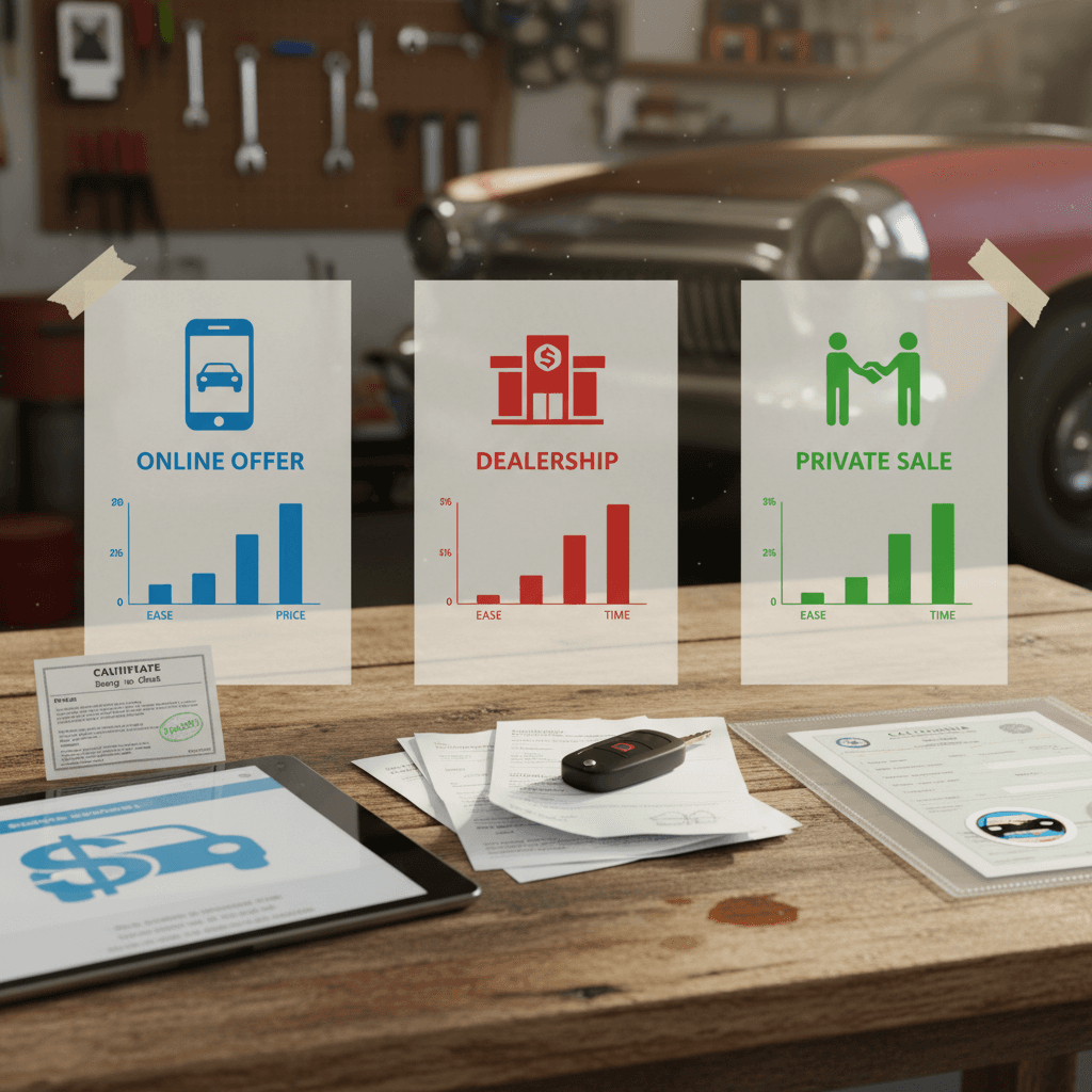 Diagram comparing different places to sell a used car in California, including online buyers, dealers, private sale, and EV specialists.