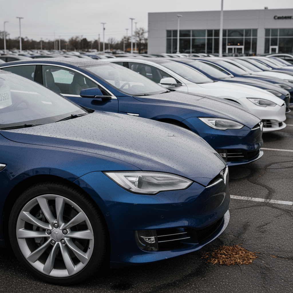 Row of used Tesla Model S vehicles parked on a lot, ready for resale evaluation