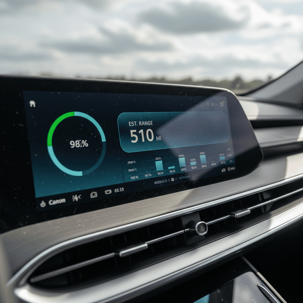 Digital instrument cluster of a Lucid Air showing battery state of charge, remaining range and navigation, highlighting how battery health affects resale value.